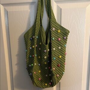 Green Crochet Tote Bag with Colorful Beads
